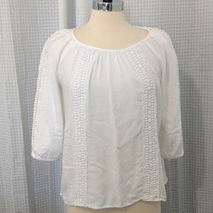 Blouse white eyelet full length trim sz/ m fitted sleeve cuff  100% cotton